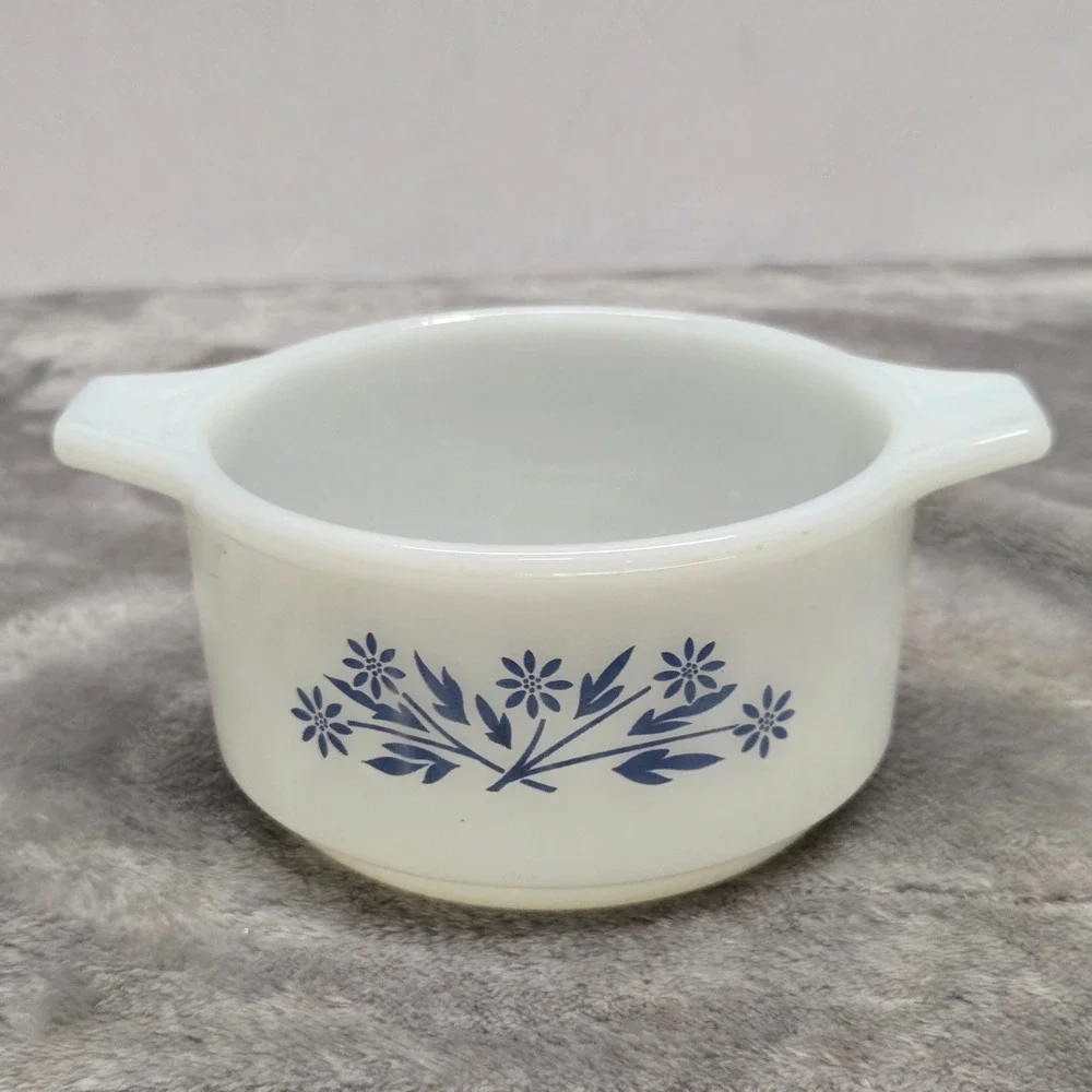 Glasbake Blue Onion Milk Glass Custard Cup Ramekin J-235 Vintage Dynaware USA